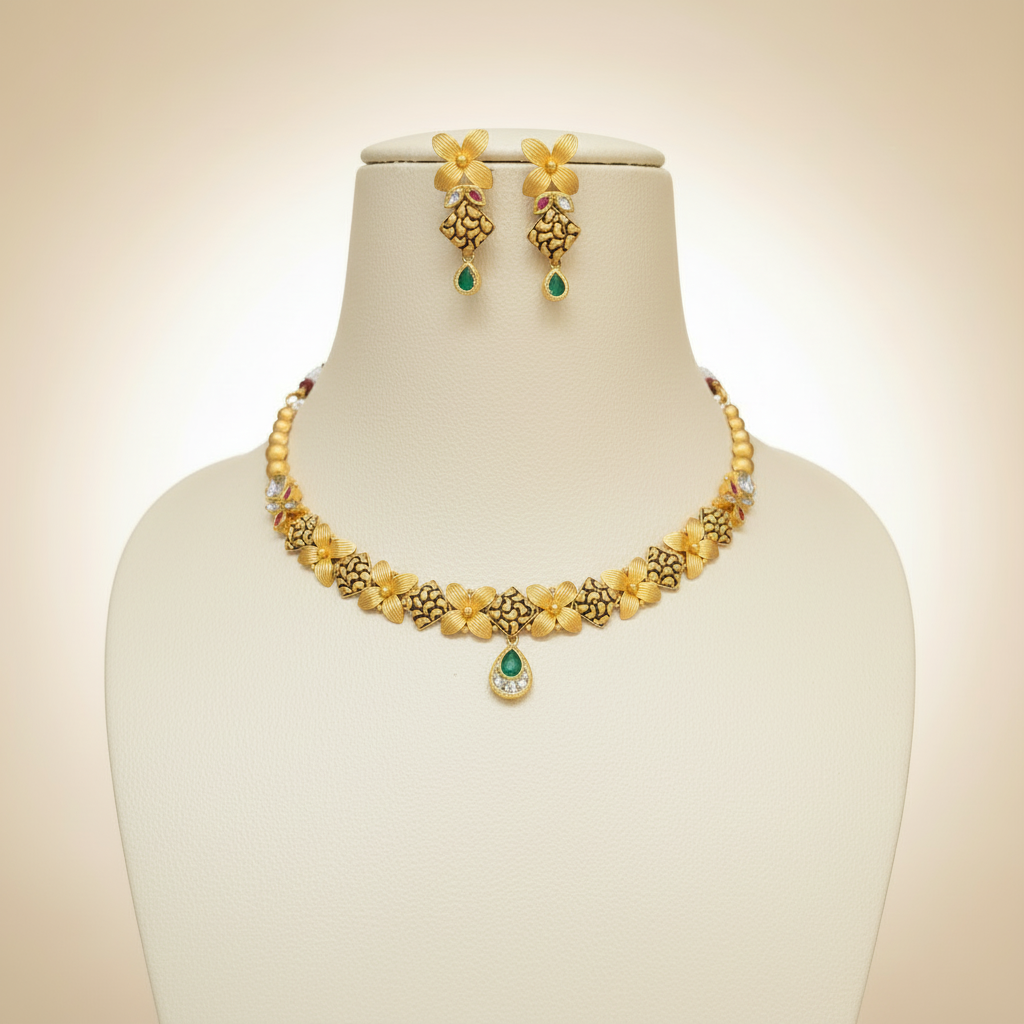 22kt Gold Floral Necklace Set with Earrings