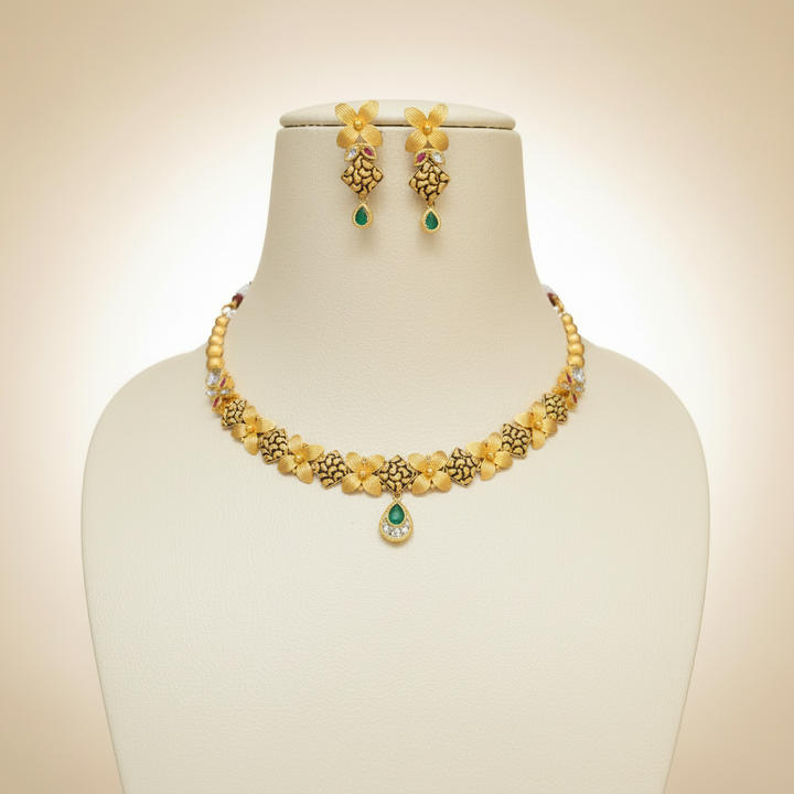 22kt Gold Floral Necklace Set with Earrings