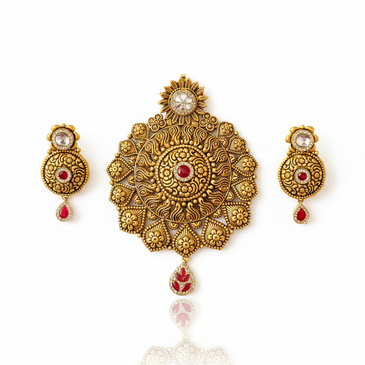 22Kt Antique Gold Sun Mandala Pendant Set - White Background