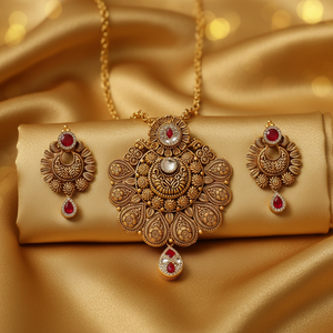 22Kt Antique Gold Floral Pendant Set - Silk Fabric