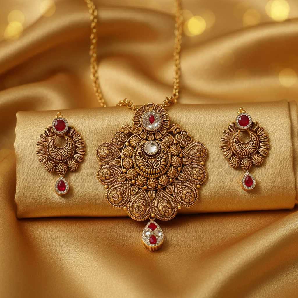22Kt Antique Gold Floral Pendant Set - Silk Fabric