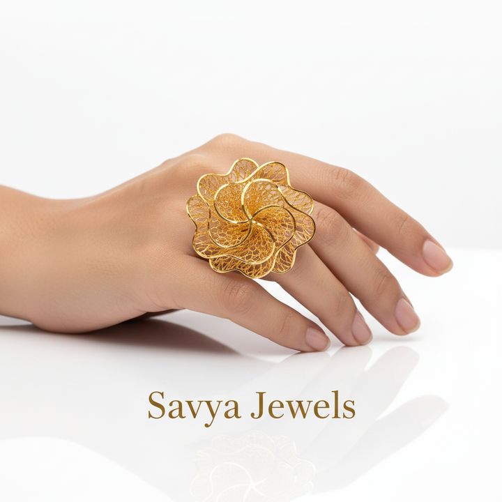 Open Petal Filigree Mesh Gold Ladies Ring - Model Finger