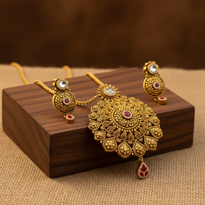 22Kt Antique Gold Sun Mandala Pendant Set - Wooden Block