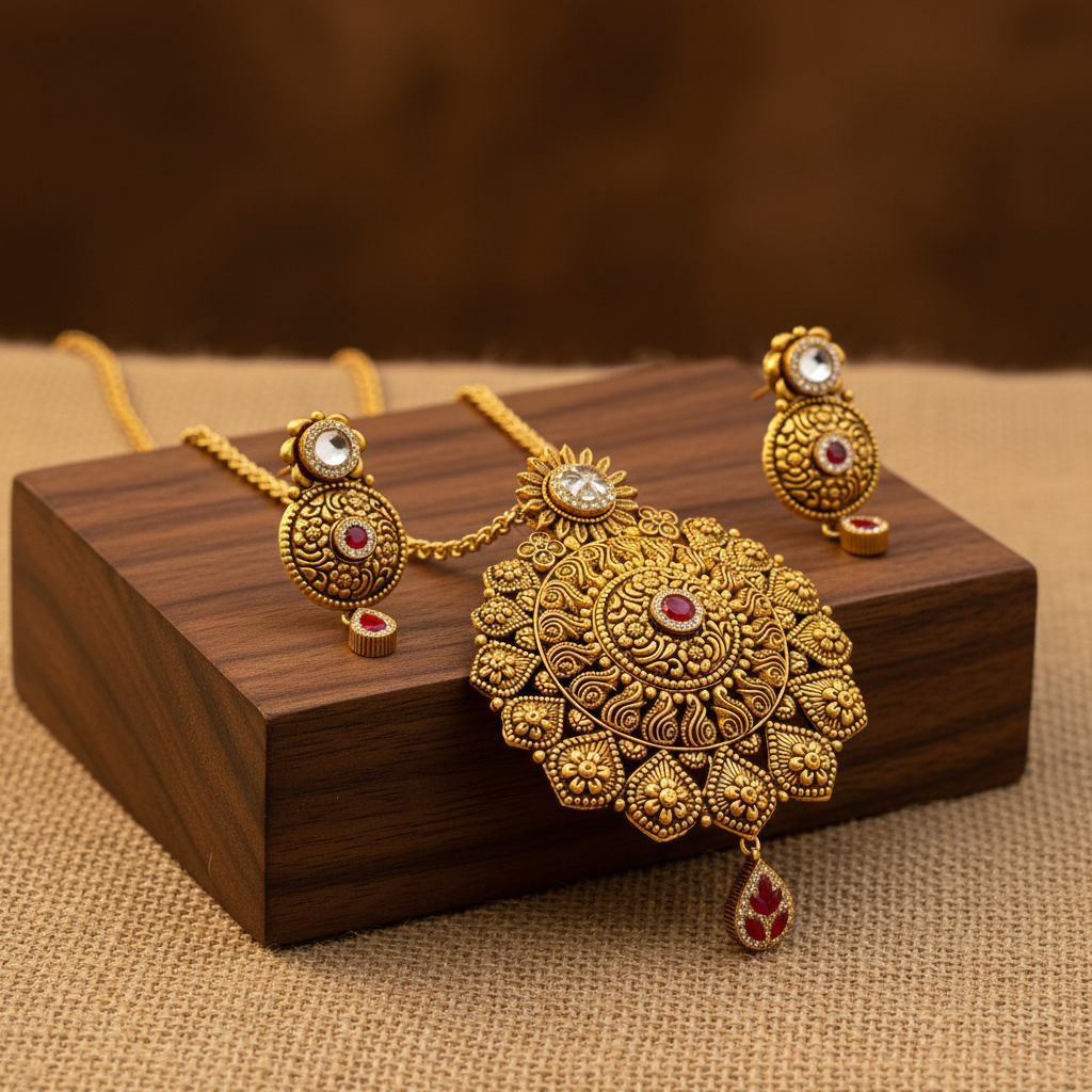 22Kt Antique Gold Sun Mandala Pendant Set - Wooden Block