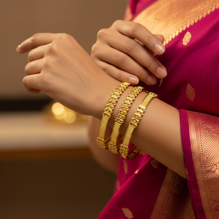 Model wearing 22Kt Gold Bangles Ball Bead Mesh