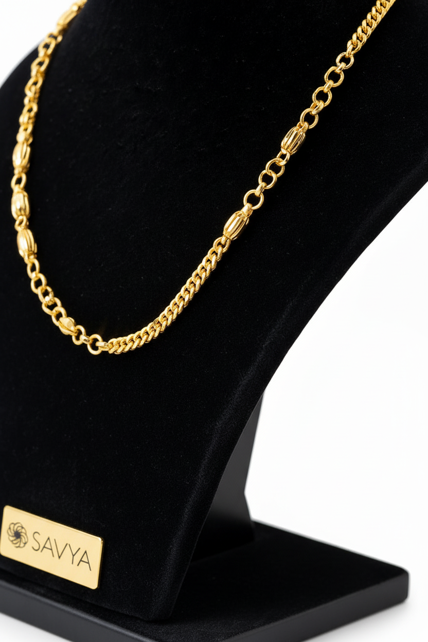 Curb Oval Bead Combo Gold Chain - Side Angle