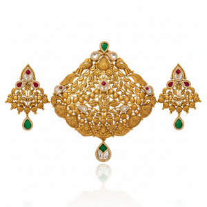 22Kt Antique Gold Peacock Jali Pendant Set - White Background