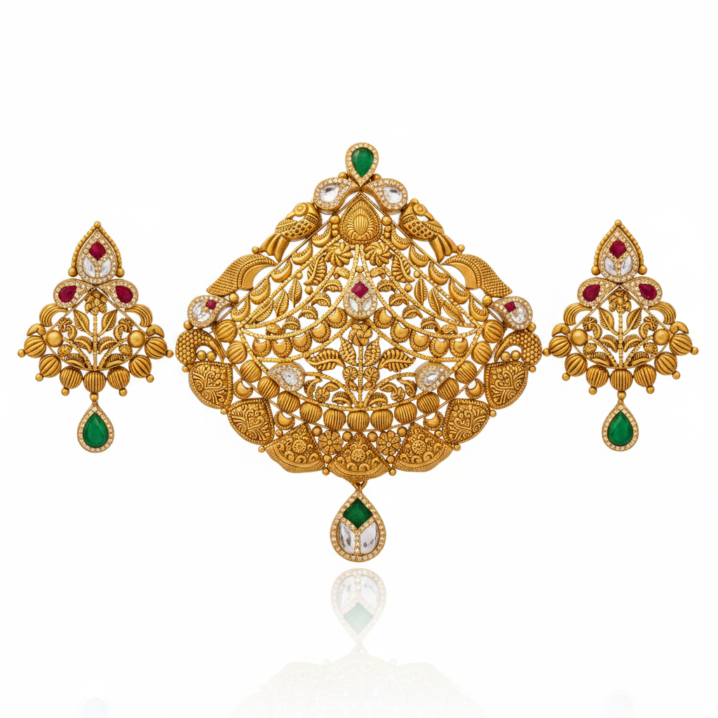 22Kt Antique Gold Peacock Jali Pendant Set - White Background