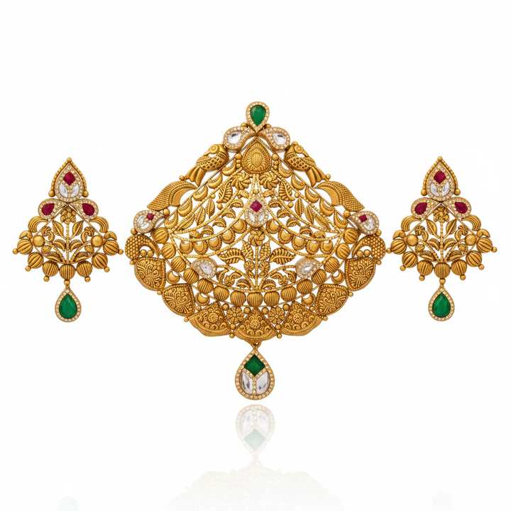 22Kt Antique Gold Peacock Jali Pendant Set - White Background