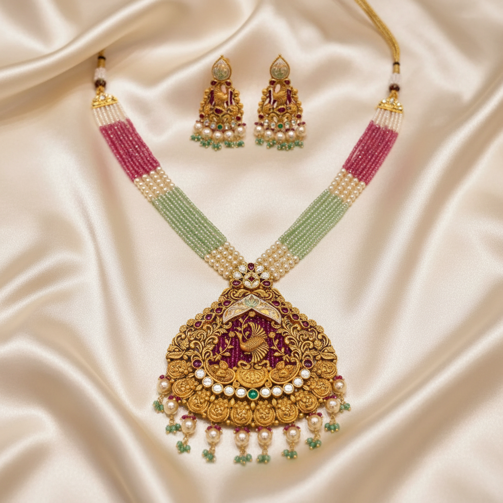 22Kt Gold Peacock Pendant Multi-Strand Necklace Set on Satin Cloth