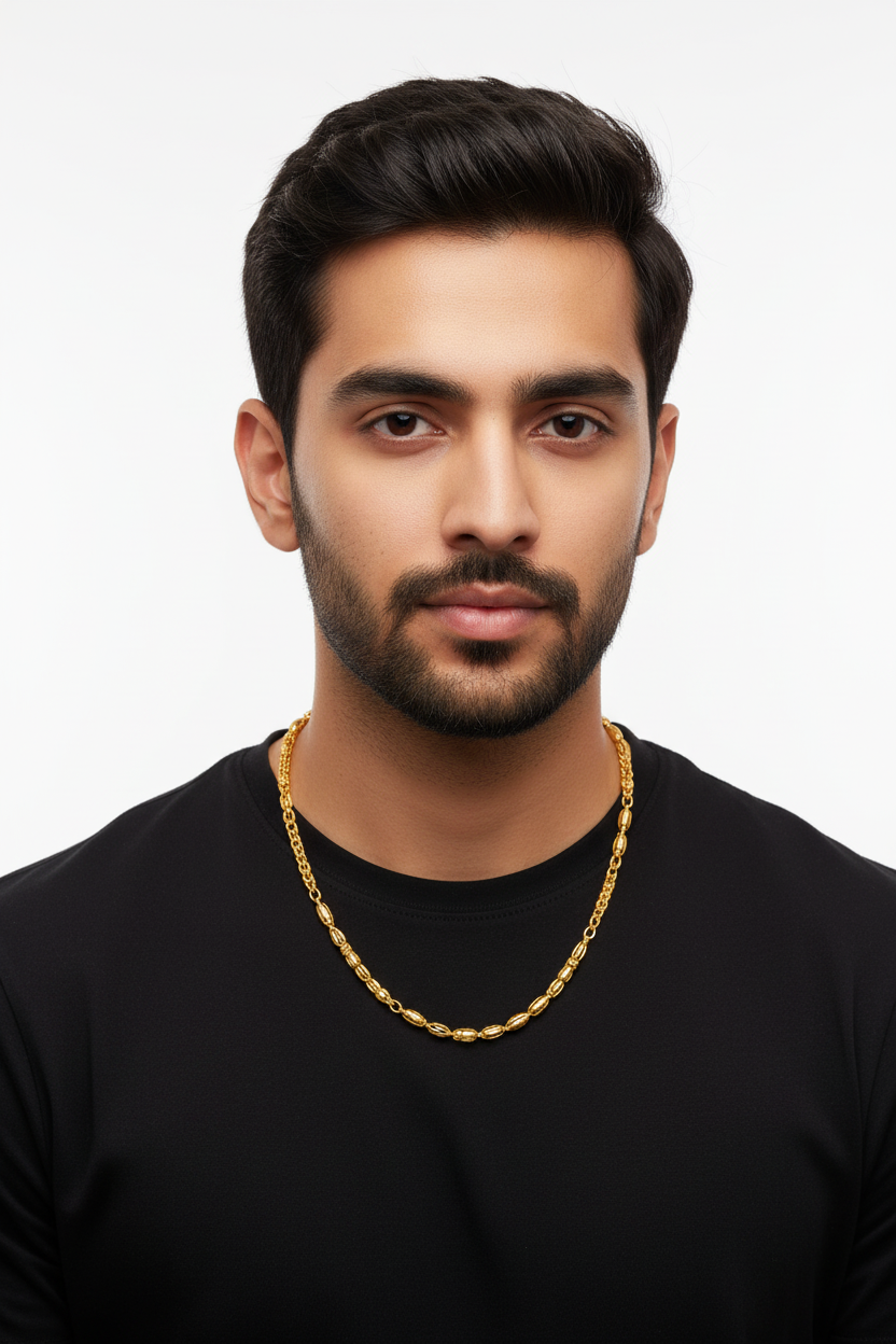 Fancy Barrel Link Gold Chain - Male Model