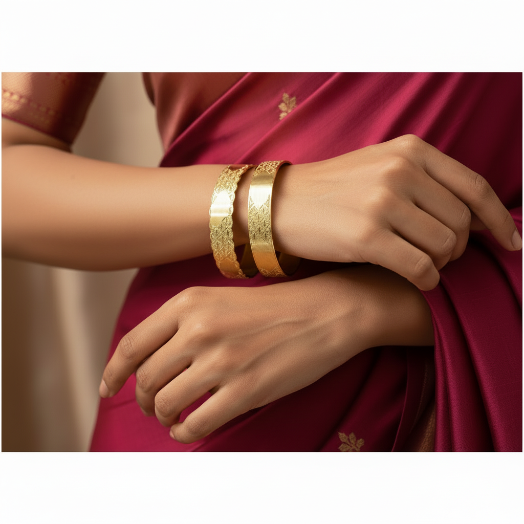 Model wearing 22Kt Wide Gold Bangles