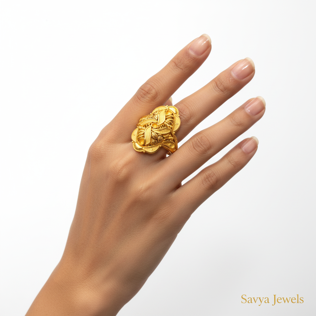 Swirl Leaf Jali Gold Ladies Ring - Model Finger
