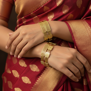 Model wearing 22Kt Art Deco Gold Bangles