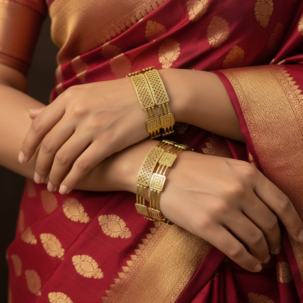 Model wearing 22Kt Art Deco Gold Bangles