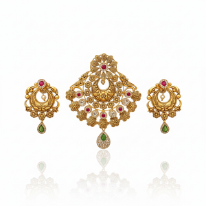 22Kt Antique Gold Chandbali Floral Pendant Set - White Background