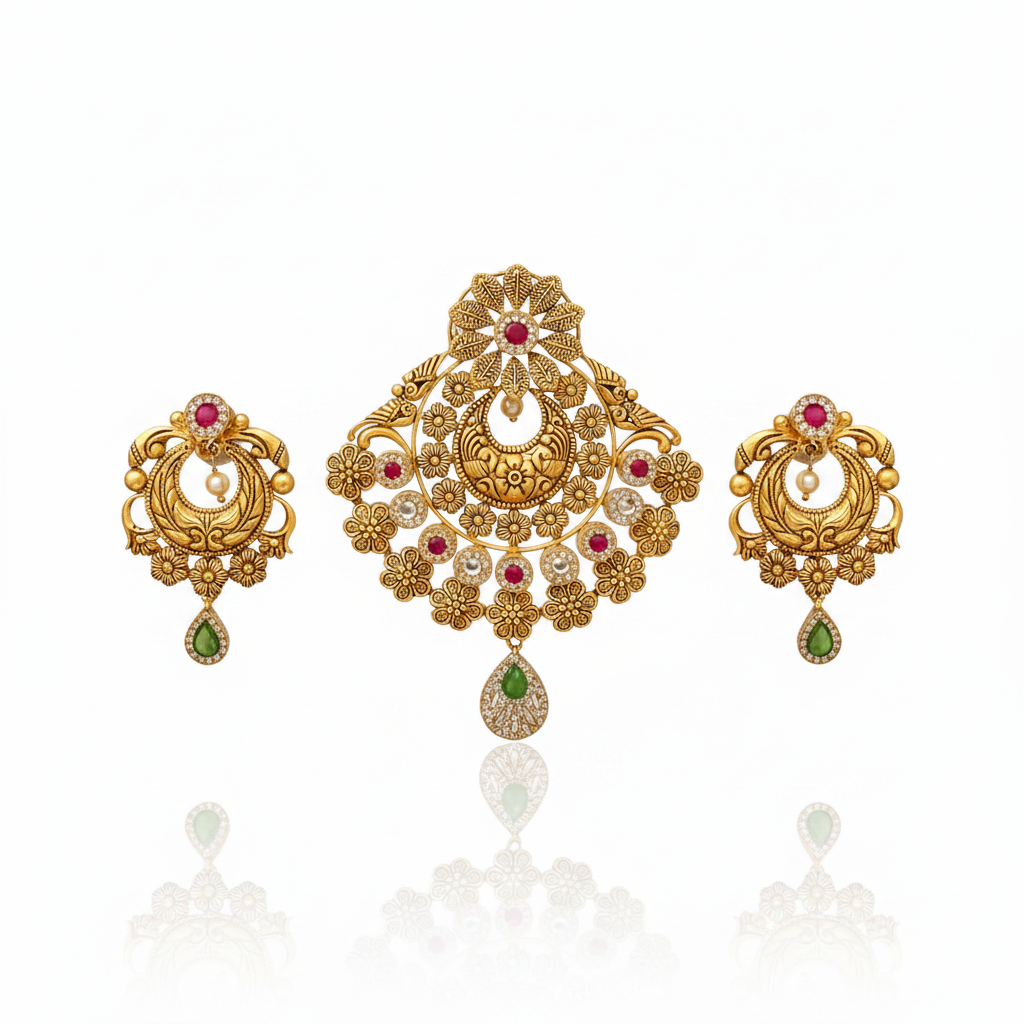 22Kt Antique Gold Chandbali Floral Pendant Set - White Background