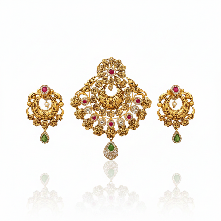 22Kt Antique Gold Chandbali Floral Pendant Set - White Background