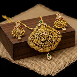 22Kt Antique Gold Peacock Jali Pendant Set - Wooden Block