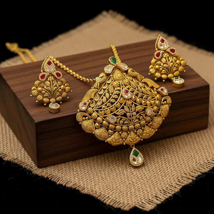 22Kt Antique Gold Peacock Jali Pendant Set - Wooden Block