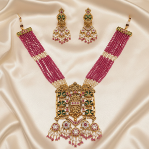 22Kt Gold Meenakari Ruby Pearl Necklace Set on Satin Cloth