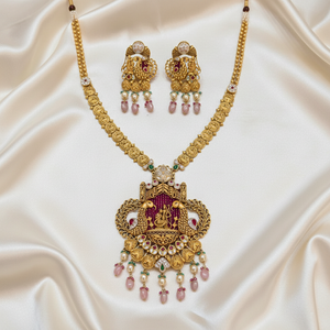 22Kt Gold Ram Darbar Temple Pendant Necklace Set on Satin Cloth