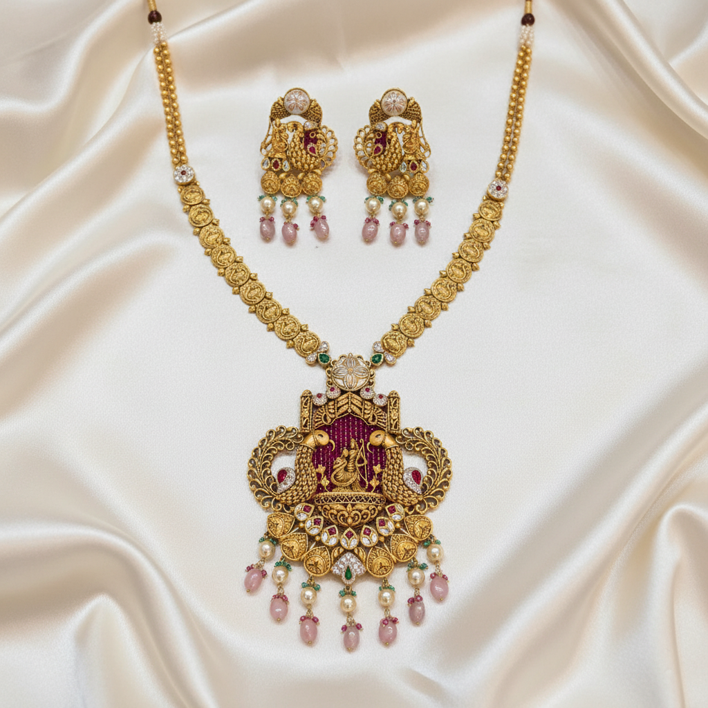 22Kt Gold Ram Darbar Temple Pendant Necklace Set on Satin Cloth