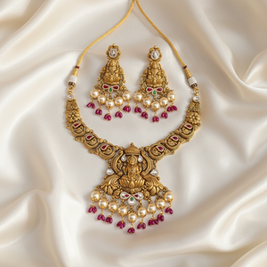 22Kt Gold Lakshmi Temple Necklace Set on Satin Cloth