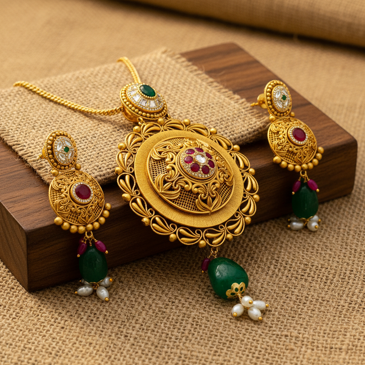 22Kt Antique Gold Circular Disc Pendant Set - Wooden Block