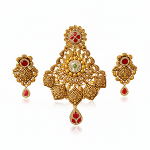 22Kt Antique Gold Lotus Floral Pendant Set - White Background
