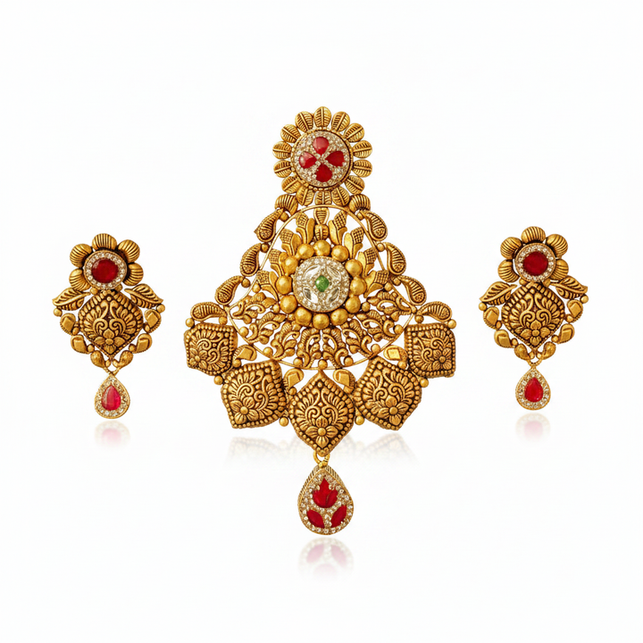 22Kt Antique Gold Lotus Floral Pendant Set - White Background
