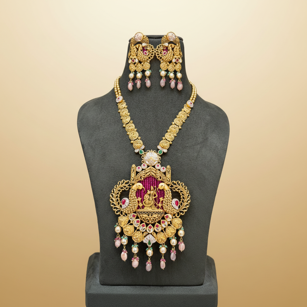 22Kt Gold Ram Darbar Temple Pendant Necklace Set on Mannequin