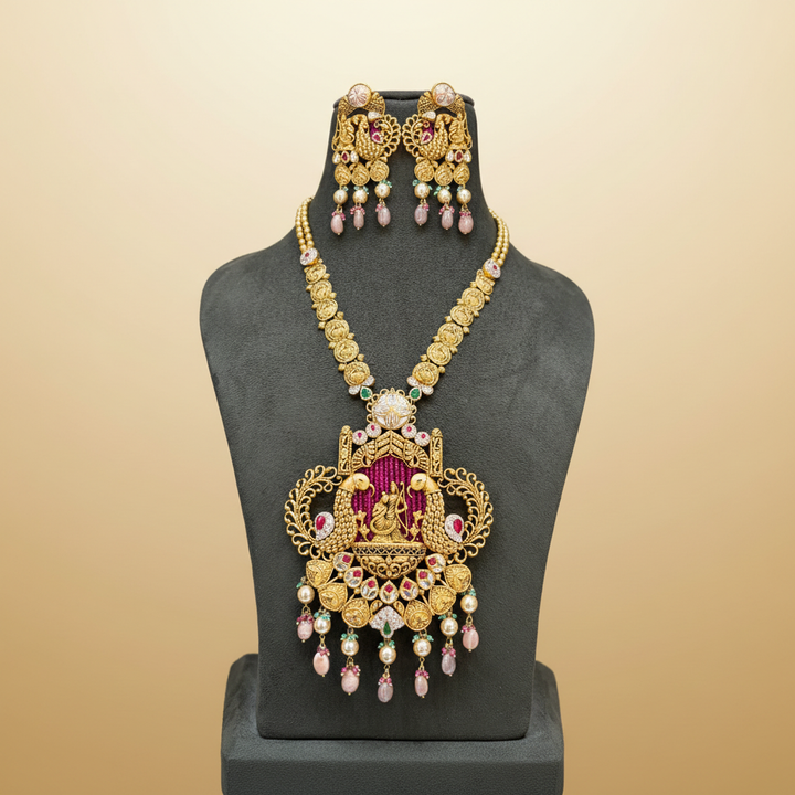22Kt Gold Ram Darbar Temple Pendant Necklace Set on Mannequin