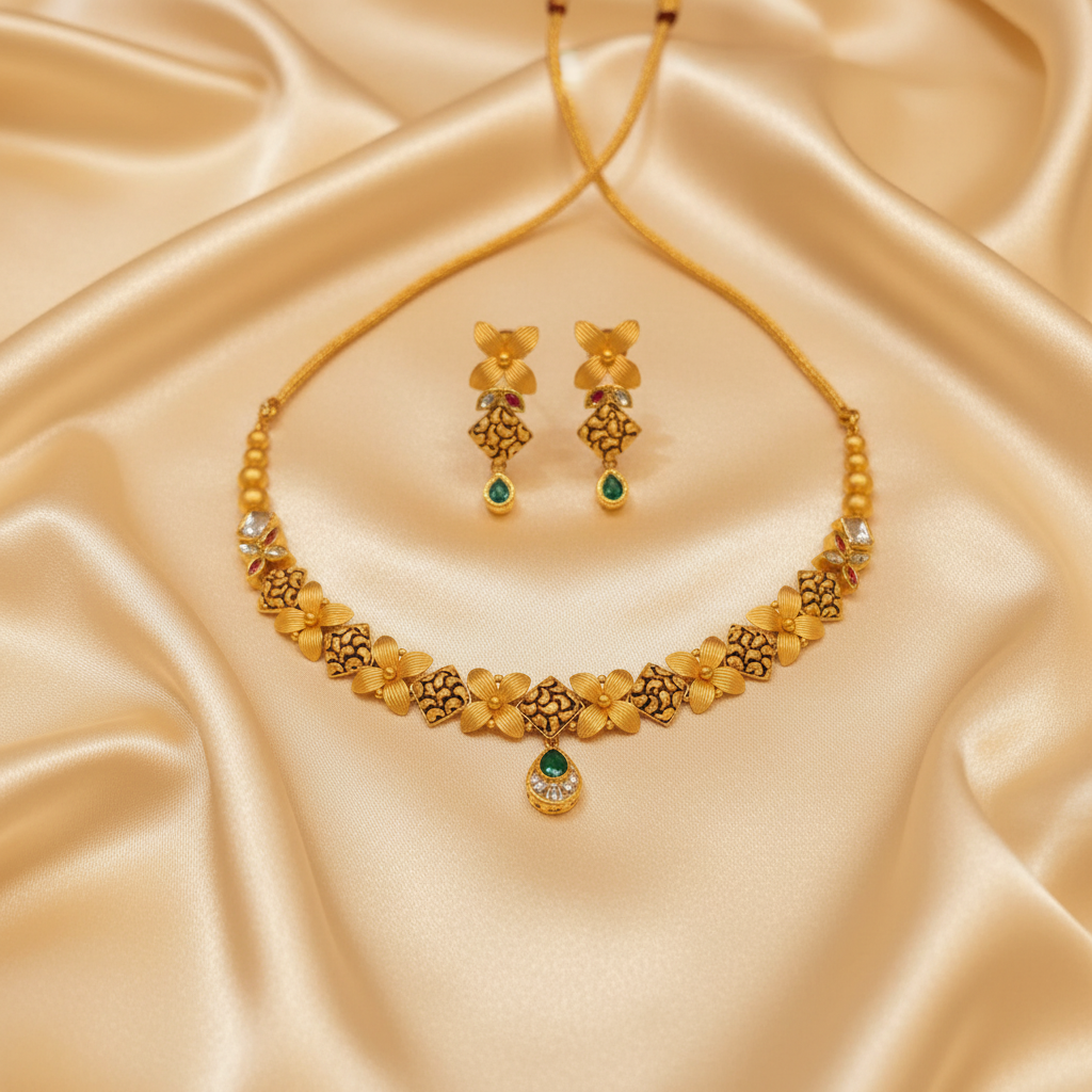 22kt Gold Floral Necklace Set on Satin Cloth