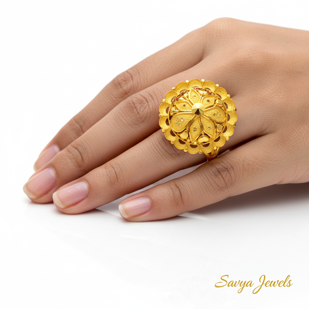 Lotus Mandala Dome Gold Ladies Ring - Finger Display