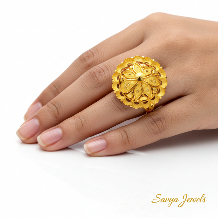 Lotus Mandala Dome Gold Ladies Ring - Finger Display