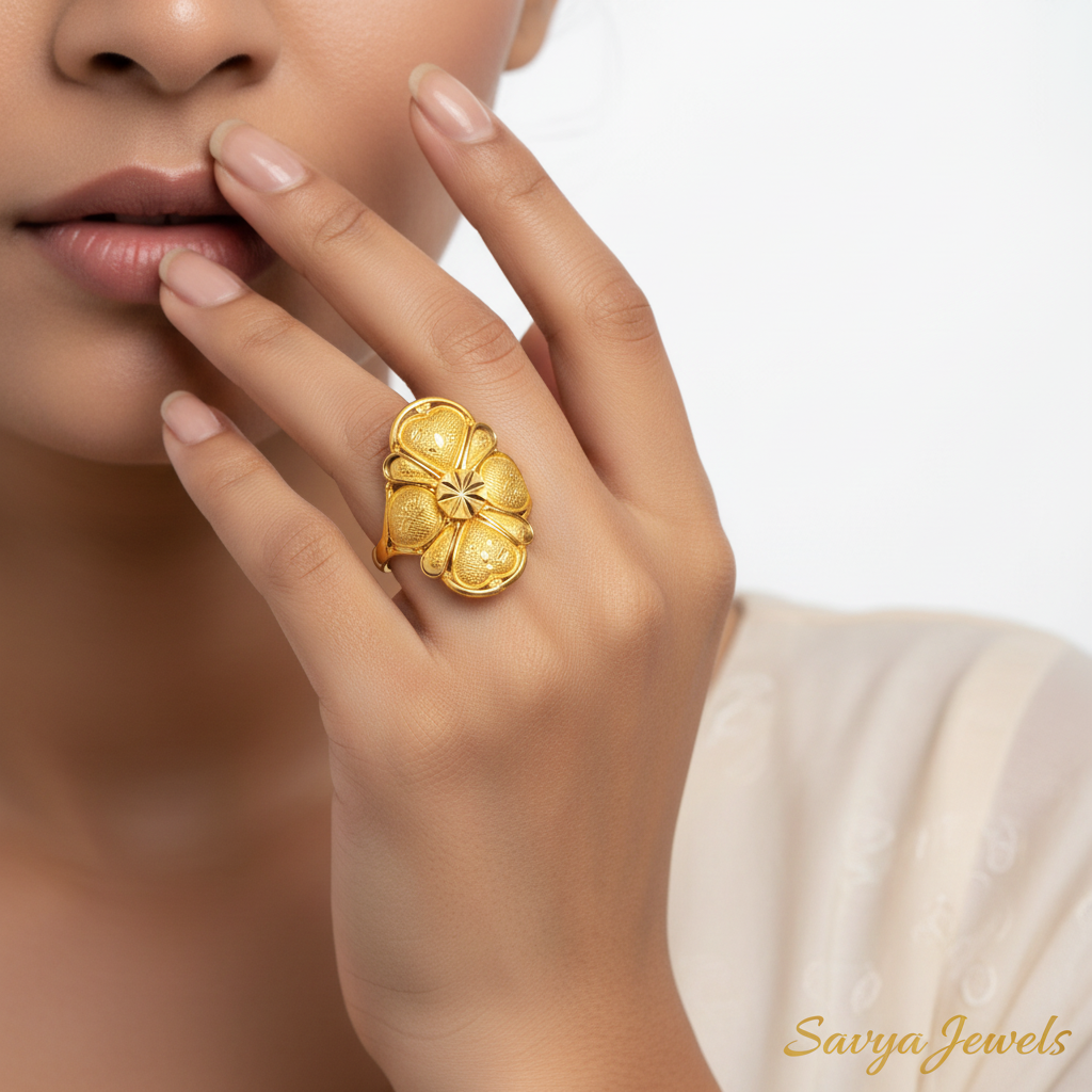 Gold Flower Petal Ladies Ring - Model Finger