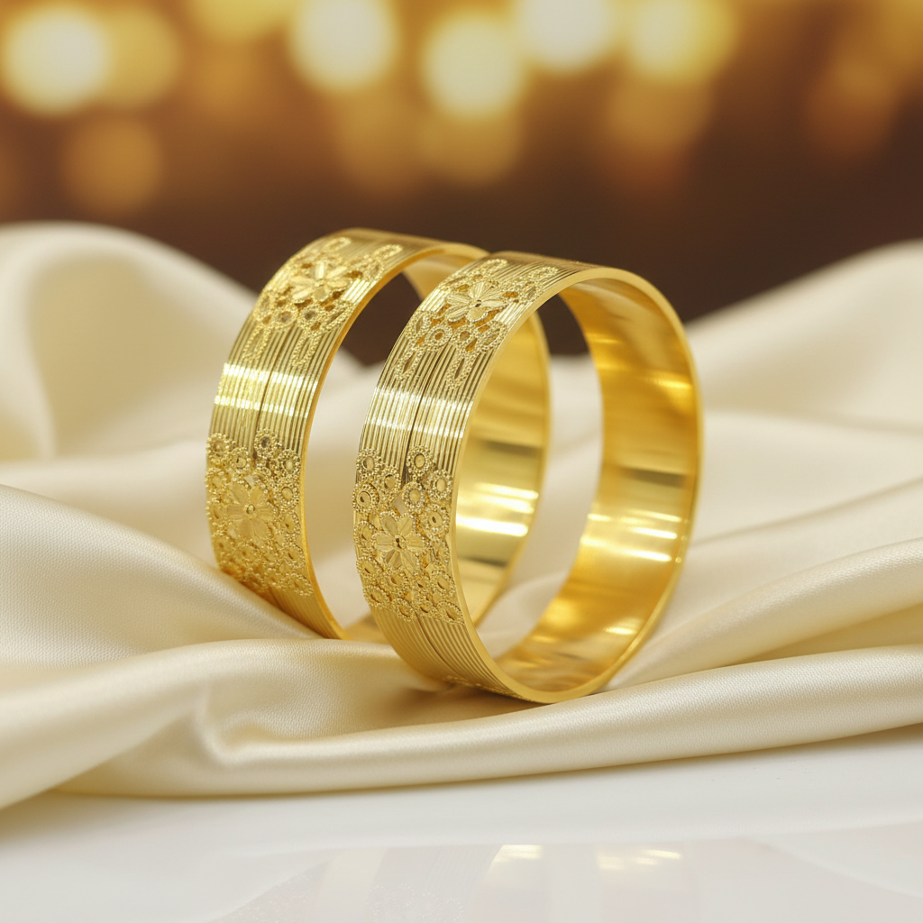 22Kt Wide Floral Coin Disc Gold Bangles on satin fabric
