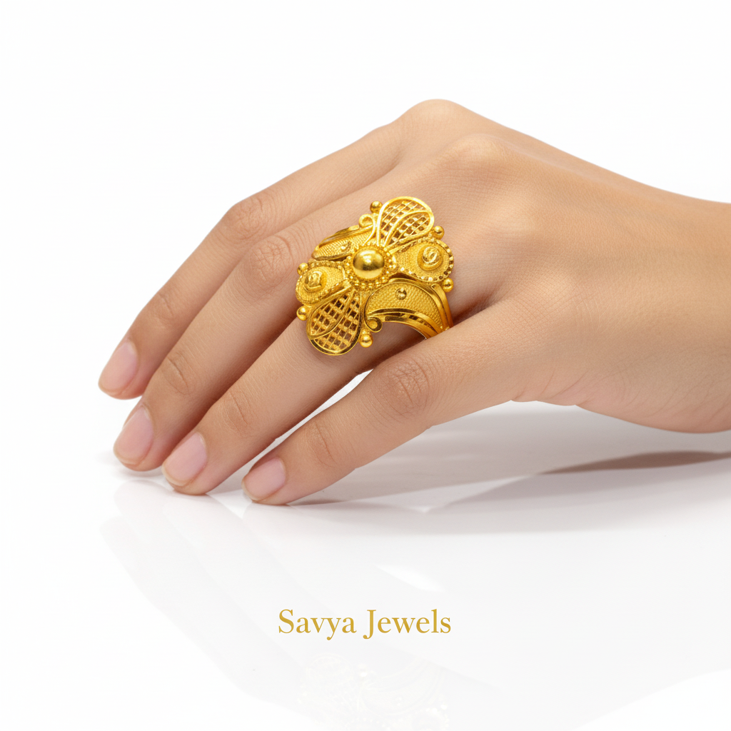 Square Mesh Bead Gold Ladies Ring - Finger Display