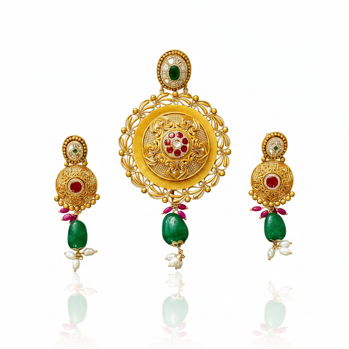 22Kt Antique Gold Circular Disc Pendant Set - White Background