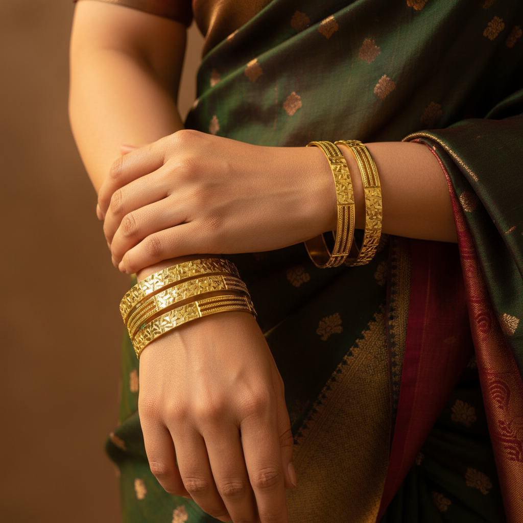 Model wearing 22Kt Nugget Rope Chain Gold Bangles