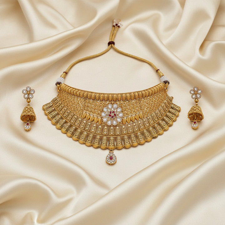 22Kt Antique Gold Broad Floral Choker Necklace Set with Chandbali Earrings | Savya Jewels