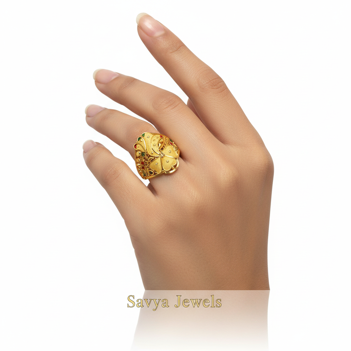 Clover Enamel Meenakari Gold Ladies Ring - Model Finger