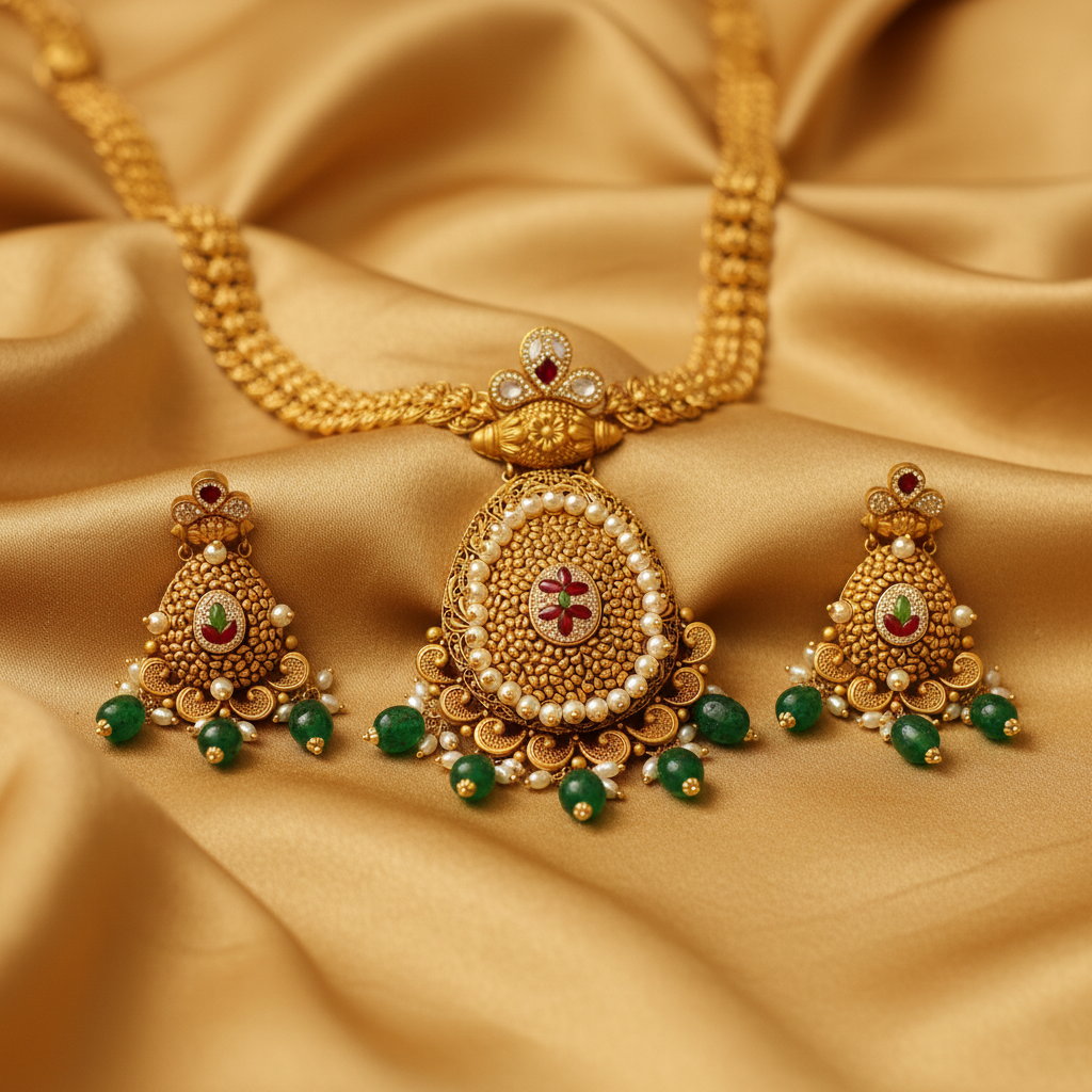 22Kt Antique Gold Granule Work Pendant Set - Silk Fabric