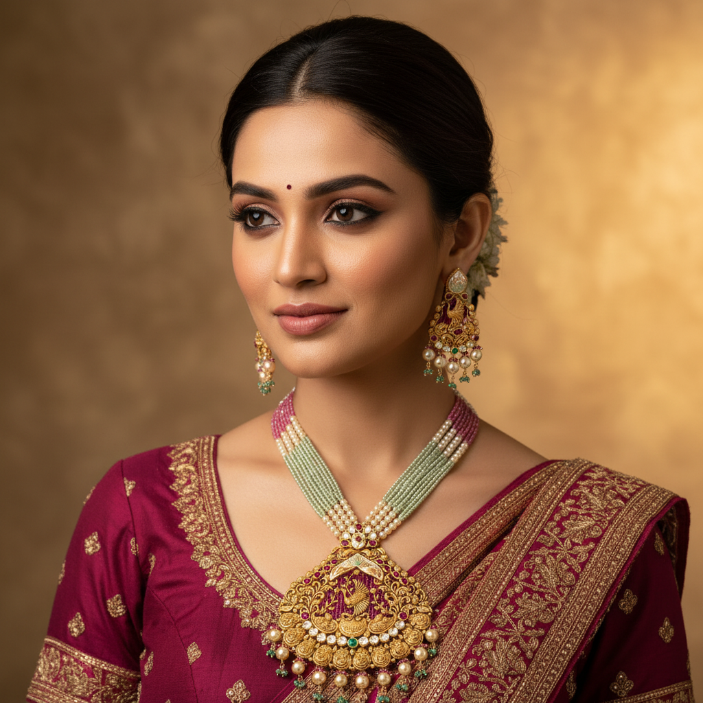 22Kt Gold Peacock Pendant Multi-Strand Necklace Set worn by Female Model