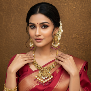 22Kt Gold Lakshmi Temple Necklace Set worn by Female Model
