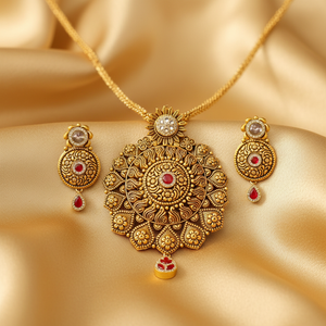 22Kt Antique Gold Sun Mandala Pendant Set - Silk Fabric