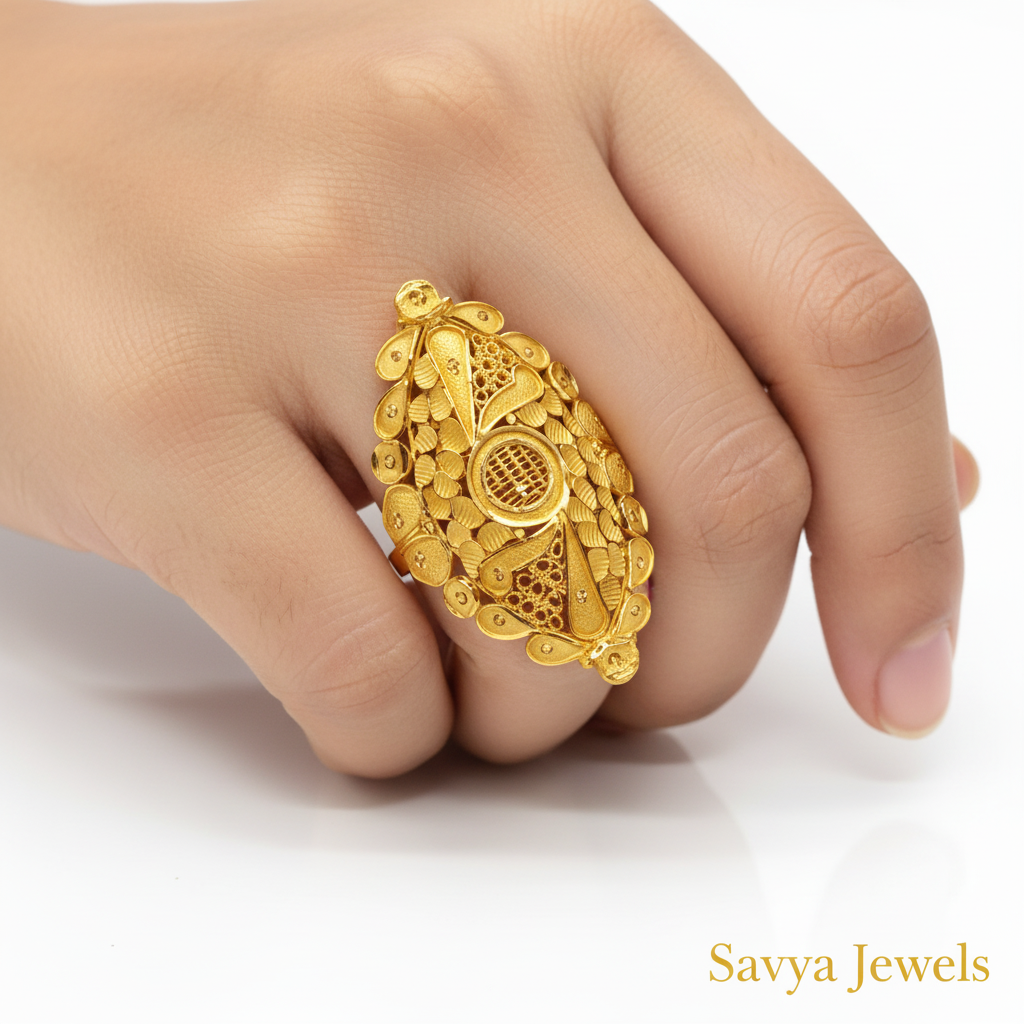 Oval Leaf Coin Jali Gold Ladies Ring - Finger Display