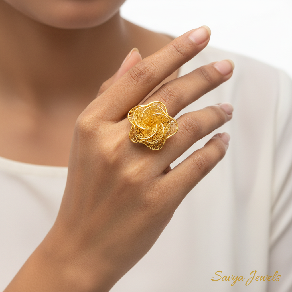 Rose Filigree Mesh Gold Ladies Ring - Model Finger
