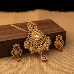 22Kt Antique Gold Lotus Floral Pendant Set - Wooden Block